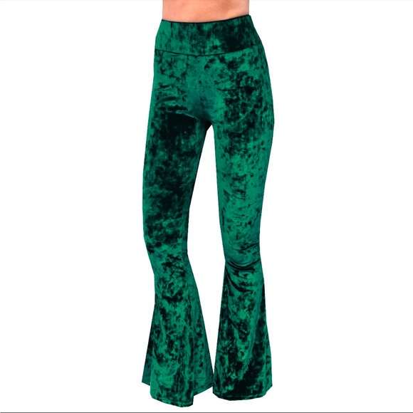 Green crushed velvet bell bottom pants - Picture 3 of 7